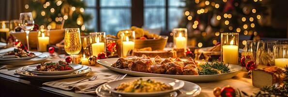 cena tavolo pieno di piatti con cibo e spuntini, Natale e nuovo anni arredamento con un' Natale albero su il sfondo. generativo ai foto