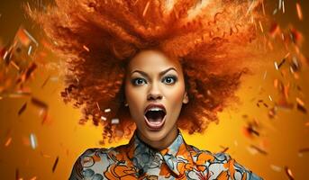 eccentrico donna con grande afro tinti arancia capelli. stile di vita concetto. ai generativo foto