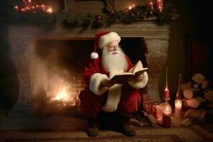 Santa Claus seduta vicino camino e lettura Natale lettere o con elenco. ai generato. foto