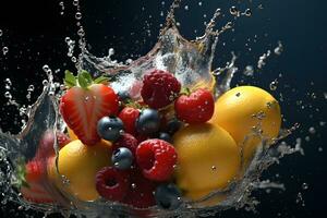 rinfrescante frutta medley con acqua spruzzata, Perfetto per promozione, ai generato foto