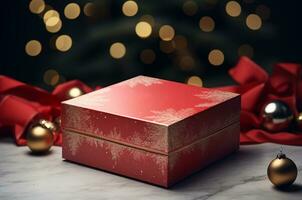 modello di Natale rosso scatola con coperchio con Natale albero. generativo ai foto