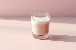 latte macchiato nel un' bicchiere bicchiere lato Visualizza. piatto bianca. rosa caffè barbicore. generativo ai foto