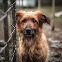 triste cane dietro a il recinzione. ai generato. mondo senza casa animali giorno. cellula foto