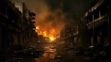 un' distrutto città con un' fuoco tempesta nel guerra. generativo ai foto