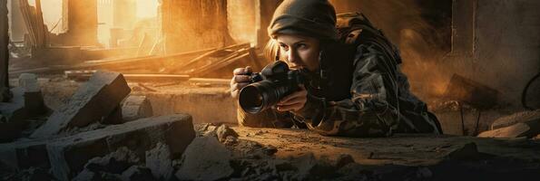 un' fotografo con un' telecamera Lavorando fabbricazione un' esercito reportage. guerra giornalista a rovine fune nel guerra. generativo ai foto