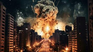 esplosione nel un' città con alto edifici nel guerra. generativo ai foto