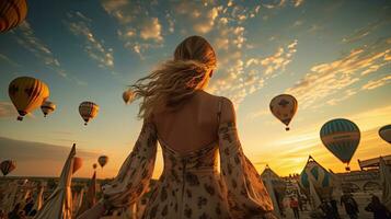 indietro Visualizza di il donna nel vestito si fermò guardare a caldo aria palloncini nel il cielo. generativo ai foto