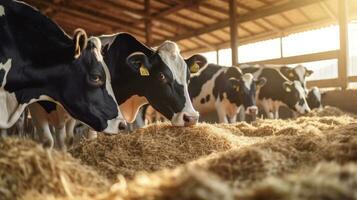 mucche a stalla mangiare fieno, luminosa e arioso latte produzione pianta nel pieno oscillazione. generativo ai foto