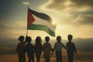 grup di bambino detiene un' palestinese bandiera, speranza un' libertà, ai generato foto