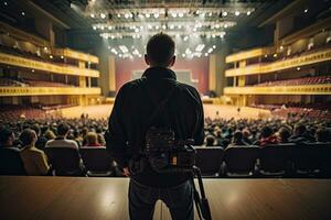 posteriore Visualizza di un' uomo con un' video telecamera su il sfondo di il auditorium, posteriore Visualizza di un' cineoperatore con un' professionale digitale telecamera nel davanti di un' conferenza sala, ai generato foto