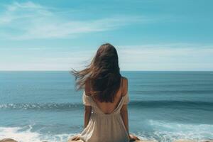 ragazza nel un' bianca vestito si siede su il bordo di il scogliera e sembra a il mare, posteriore Visualizza di un' donna godendo il Visualizza a il spiaggia o oceano, ai generato foto