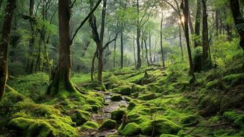 ai generato un' Visualizza di un' lussureggiante sempreverde foresta con verde muschio attaccamento per rocce e un' ruscello fluente attraverso esso foto