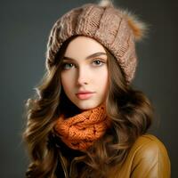 ragazza vestito calorosamente nel un' di lana cappello e sciarpa. inverno volta. ai generato foto