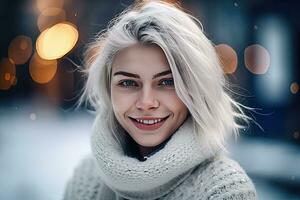 inverno ritratto di bellissimo ragazza con bianca capelli nel accogliente maglione nel sera strada. generativo ai. foto