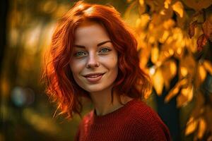 autunno ritratto di giovane bellissimo donna con rosso capelli. generativo ai. foto