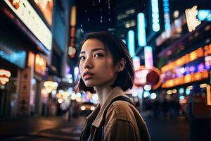 bellissimo giovane asiatico ragazza ritratto su un' occupato città strada. notte strada con luminosa raggiante segni. generativo ai. foto