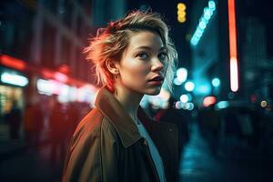 bellissimo bionda ragazza con corto taglio di capelli nel verde giacca con su occupato strada. luminosa strada luci su il sfondo. generativo ai. foto