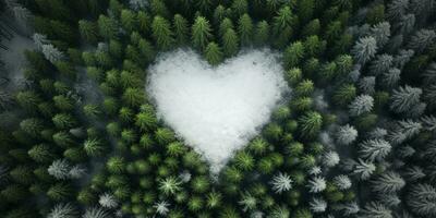 generativo ai, nebbioso inverno abete foresta con cuore forma, bellissimo paesaggio nel fricchettone Vintage ▾ retrò stile, sempreverde alberi con mostrare foto