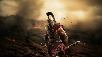 generativo ai, realistico illustrazione di un' feroce Gladiatore attaccare, in esecuzione. blindato romano Gladiatore nel combattere maneggiando un' spada ricarica in direzione il suo nemico. foto