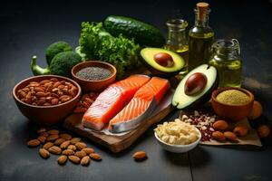 salutare cibo pulito mangiare selezione salmone, avocado, fagioli, verdura, semi, noccioline su buio sfondo, selezione di salutare cibo fonti di omega 3, naturale fonti di omega 3, ai generato foto