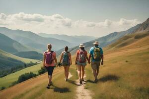 escursionista escursioni a piedi insieme nel il montagne nel il vacanza viaggio settimana, a piedi nel il bellissimo americano natura, generativo ai foto