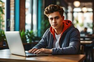 alunno Lavorando su un' computer portatile, il alunno con il computer nel un' bar a il tavolo, generativo ai foto