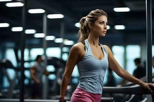 ritratto di un' donna Lavorando su a il palestra, fitness esercizi. salutare concetto, generativo ai foto