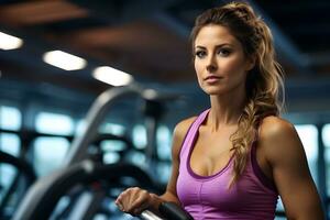 ritratto di un' donna Lavorando su a il palestra, fitness esercizi. salutare concetto, generativo ai foto