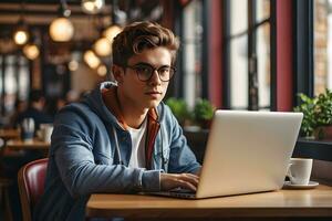 alunno Lavorando su un' computer portatile, il alunno con il computer nel un' bar a il tavolo, generativo ai foto