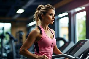 ritratto di un' donna Lavorando su a il palestra, fitness esercizi. salutare concetto, generativo ai foto