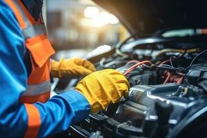 auto meccanico Lavorando nel auto riparazione servizio. auto meccanico Lavorando nel auto riparazione negozio, selettivo messa a fuoco mani nel guanti di esperto tecnico elettrico macchina, ai generato foto