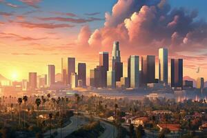 panoramico Visualizza di moderno città a tramonto. 3d rendering, orizzonte di los angeles a Alba, California, Stati Uniti d'America. 3d rendering, ai generato foto