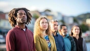 ritratto di giovane multietnico gruppo di amici in piedi insieme all'aperto. ai generato. foto