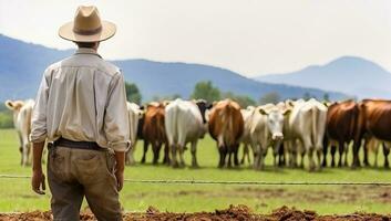 contadino con mucche su il azienda agricola nel il campagna. ai generato. foto