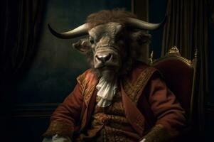 antropomorfo bisonte indossare maestoso aristocratico costume. creare ai foto