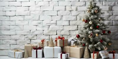 Natale albero e i regali su bianca mattone parete sfondo. ai generato. foto