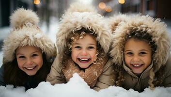 tre carino poco ragazze nel caldo Abiti avendo divertimento su nevoso inverno ai generato foto