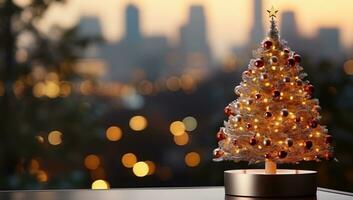 Natale albero con bokeh luci su sfocato città sfondo. ai generato. foto