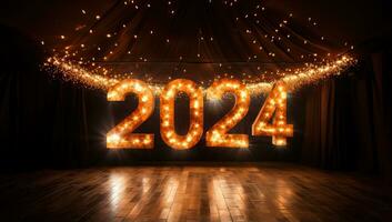 nuovo anno 2024 con raggiante luci e tende. ai generato. foto