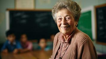 ritratto di sorridente anziano insegnante seduta nel aula. ai generato. foto