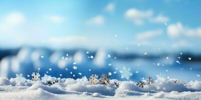 Natale sfondo con i fiocchi di neve su neve. ai generato. foto
