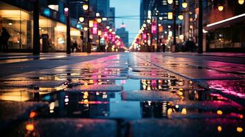 gocce di pioggia su il marciapiede a notte ai generato foto