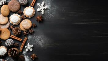 Natale biscotti e spezie su un' nero di legno sfondo. superiore Visualizza con copia spazio ai generato foto