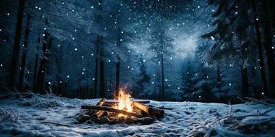 falò nel inverno foresta a notte con caduta i fiocchi di neve ai generato foto