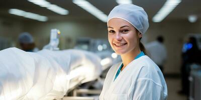 ritratto di sorridente femmina medico nel uniforme in piedi nel operativo camera a ospedale ai generato foto