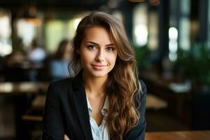 un' bellissimo giovane attività commerciale donna seduta a un' tavolo nel un' bar. ai generato. foto