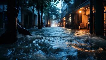 bagnato strada a notte con pesante pioggia ai generato foto