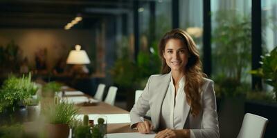 sorridente donna d'affari seduta a tavolo nel moderno ufficio. ai generato. foto