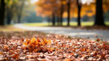 autunno le foglie su il terra nel il parco. di stagione sfondo. ai generato. foto