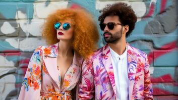 giovane elegante coppia nel occhiali da sole con afro Riccio capelli in posa vicino graffiti parete. ai generato. foto